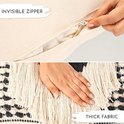 Decorative Boho-Chic Pillow Cover Handwoven Tufted Cotton Accent Pillows, Neutral Throw Cushion for Couch or Bed, Farmhouse & Bohemian Home Decor, Trendy USA Design (Black Lumbar 12x20)