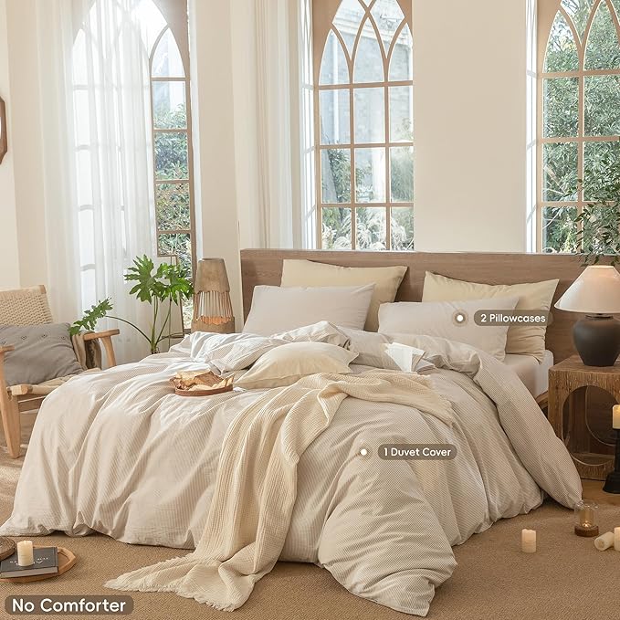 MooMee Striped Duvet Cover Set 100% Washed Cotton Linen Like Textured Breathable Durable Soft Comfy (Tannish Linen Grey White Pinstripes, Palatial King/Oversized King 120"x98")