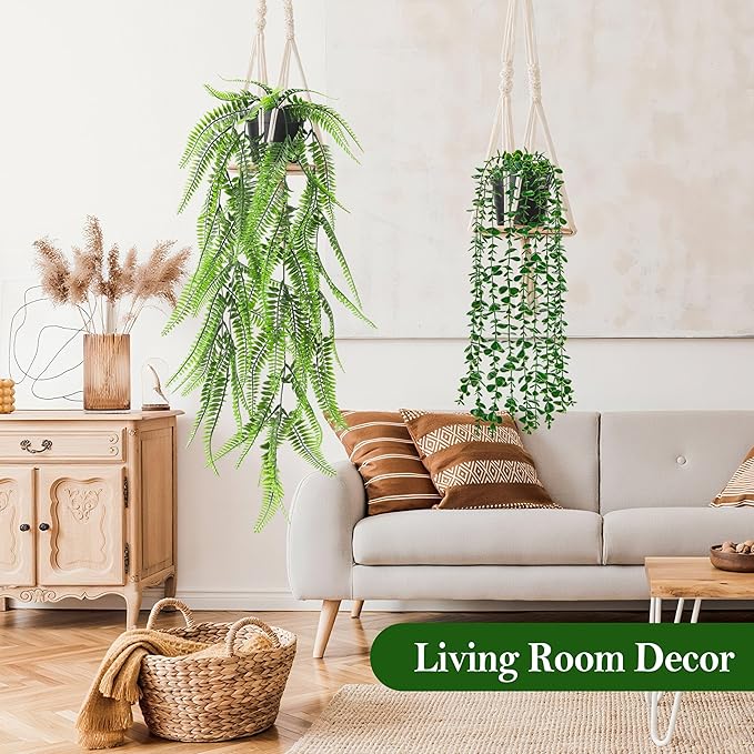 Der Rose 8Pcs Fake Plants Hanging Artificial Ivy Vine Faux Eucalyptus Hanging Plants for Home Boho Wall Shelf Indoor Outdoor Decor (Black Pots)