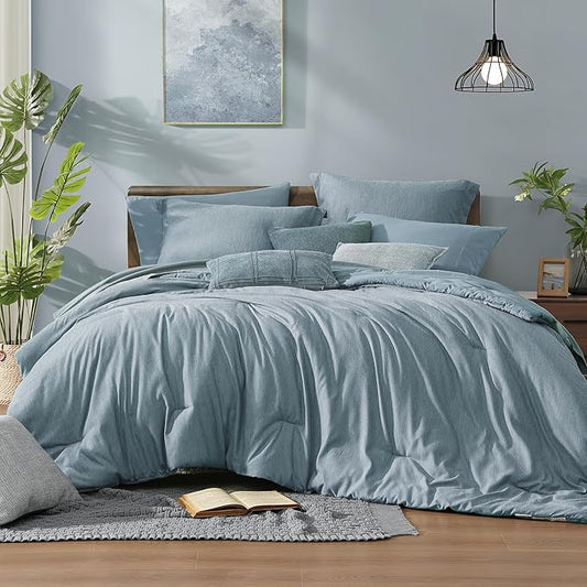 Monbix King Size Comforter Set,7 Pieces Dusty Blue Cationic Dyeing Bed in a Bag King with Comforter, Sheets, Pillowcases & Shams, All Season Reversible Bedding Comforters