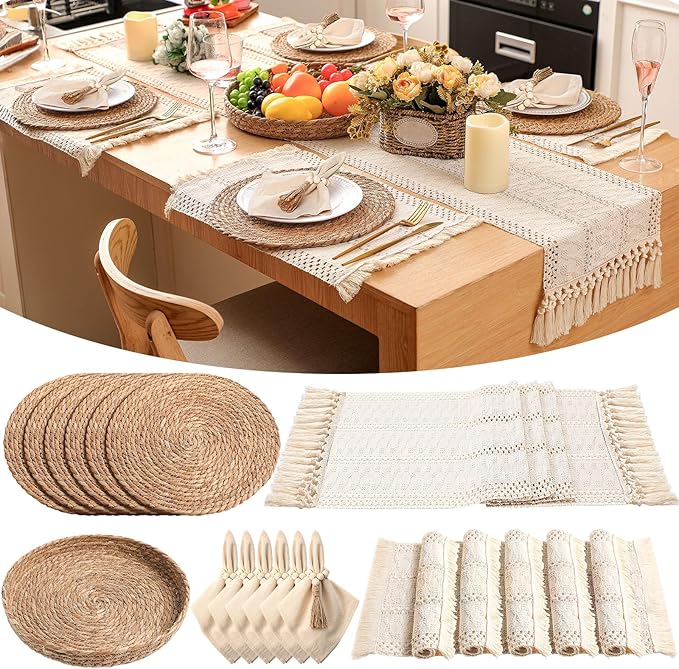 6 Sets Boho Placemats Round Woven Placemats, Cloth Napkins, Wood Bead Napkin Rings, Long Table Runner and Farmhouse Rustic Natural Burlap Cotton for Kitchen Dining Table Home (White)
