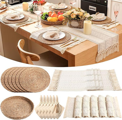 6 Sets Boho Placemats Round Woven Placemats, Cloth Napkins, Wood Bead Napkin Rings, Long Table Runner and Farmhouse Rustic Natural Burlap Cotton for Kitchen Dining Table Home (White)