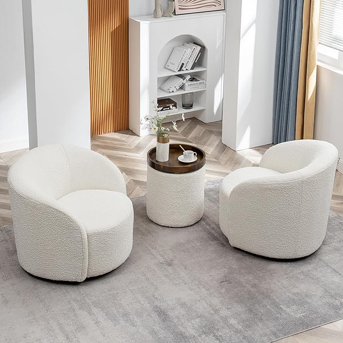 KINWELL 34" W Swivel Barrel Chair Set of 2, Mid Century Modern Round Upholstered Boucle Swivel Accent Chairs, No Assembly Chair for Living Room Bedroom Reading, Cream