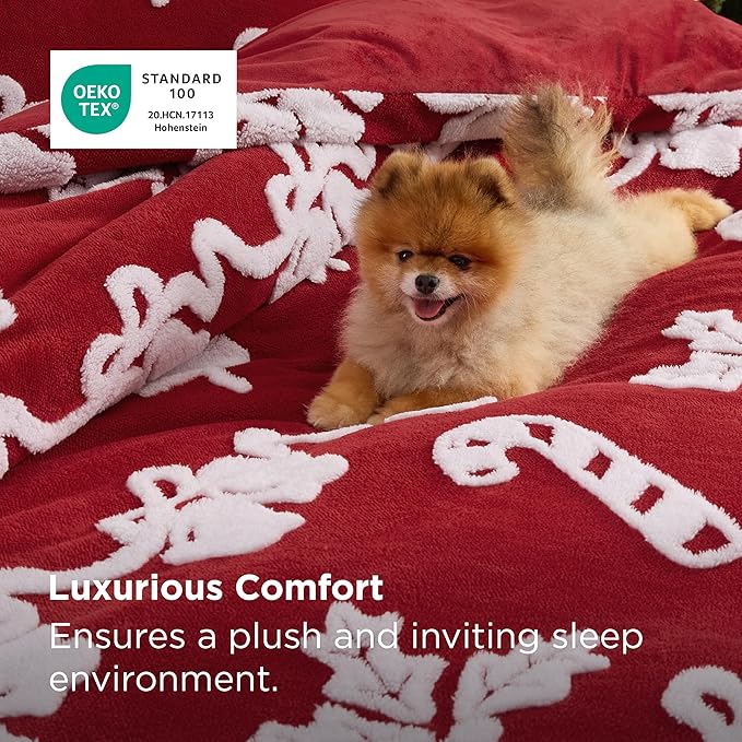 Bedsure Fluffy Christmas Duvet Cover Set - Winter Warm 3 Pieces King Size Ultra Soft Plush Shaggy Bedding Set with Bell Candy Sticks Patten,Red