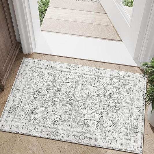 jinchan Washable Entry Rug 2x3 Vintage Floral Non-Slip, Grey