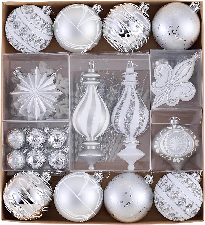 Valery Madelyn Ornaments for Christmas Trees, 60ct White and Silver Shatterproof Christmas Tree Decorations, Luxury Hanging Ball Ornaments Bulk for Xmas Holiday Party Decor