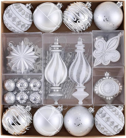 Valery Madelyn Ornaments for Christmas Trees, 60ct White and Silver Shatterproof Christmas Tree Decorations, Luxury Hanging Ball Ornaments Bulk for Xmas Holiday Party Decor
