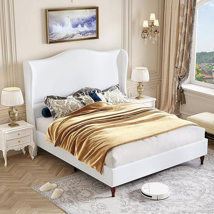 King Size Bed Frame with 51" Tall Headboard, High Upholstered Platform soft Fabric, Classic Curved Wingback & Wood Retro Legs, No Box Spring Needed/Easy Assembly, White