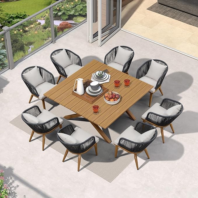 PURPLE LEAF 9 Pieces Outdoor Metal Furniture Set Patio Conversation Sets Wood Pattern Dining Set, 1 Dining Table and 8 Modern Chairs with Cushions Seat