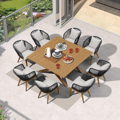 PURPLE LEAF 9 Pieces Outdoor Metal Furniture Set Patio Conversation Sets Wood Pattern Dining Set, 1 Dining Table and 8 Modern Chairs with Cushions Seat