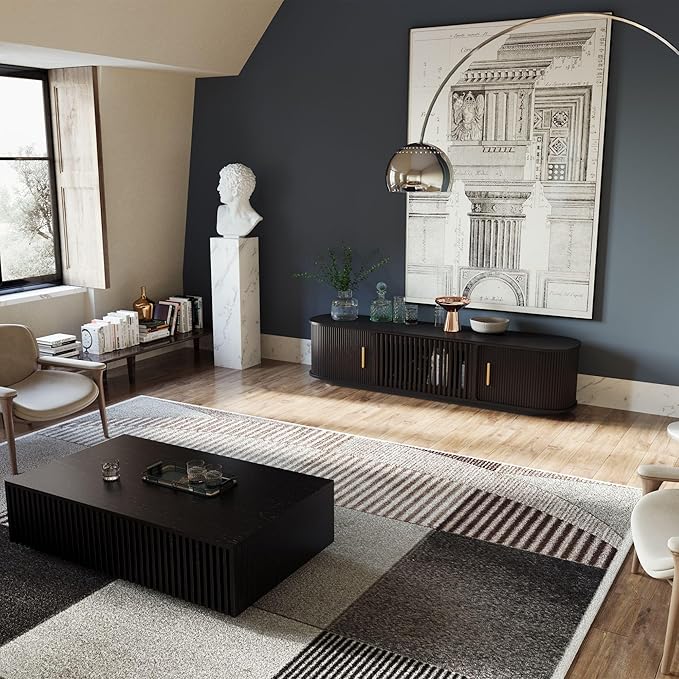 POVISON Fully-Assembled Mid-Century Modern Tambour Door TV Stand, Wood TV Console, Entertainment Center with Storage for 70 inch TV, Media Console for Living Room