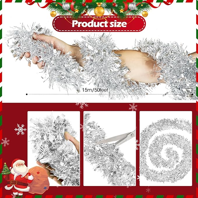 50FT Silver Tinsel Christmas Garland Metallic Twist Garland Shiny Hanging Tinsel for Christmas Tree Party Supplies Indoor Outdoor Home Xmas Decoration (Silver)