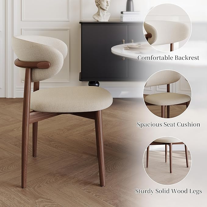 Modern Dining Chairs Set of 2 – Cotton Linen Fabric Upholstered Dining Room Chair, Farmhouse Kitchen Side Chairs with Solid Wood Legs – No Assembly Required