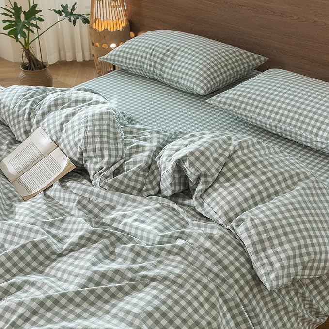 MooMee Gingham Duvet Cover Set 100% Washed Cotton Linen Like Textured Breathable Durable Soft Comfy Modern Checkered Design (Sage Green Gingham, Full 80"x90")