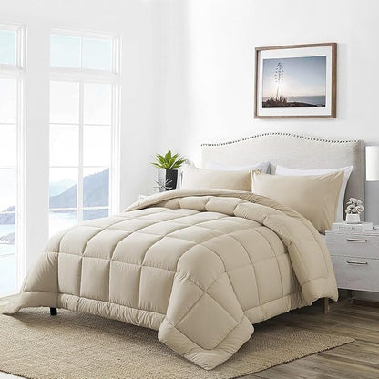 DOWNCOOL King Size Comforter Set -All Season Bedding Comforters Sets with 2 Pillow Cases -3 Pieces Bed Set Down Alternative King Bedding Set -Beige King Comforter Set(102"x90")