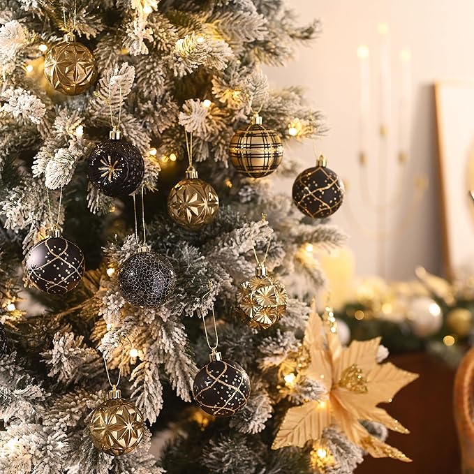 Valery Madelyn Ornaments for Christmas Trees, 16ct 2.36 Inches Black and Gold Shatterproof Christmas Tree Decorations, Luxury Hanging Ball Ornaments for Xmas Holiday Party Decor