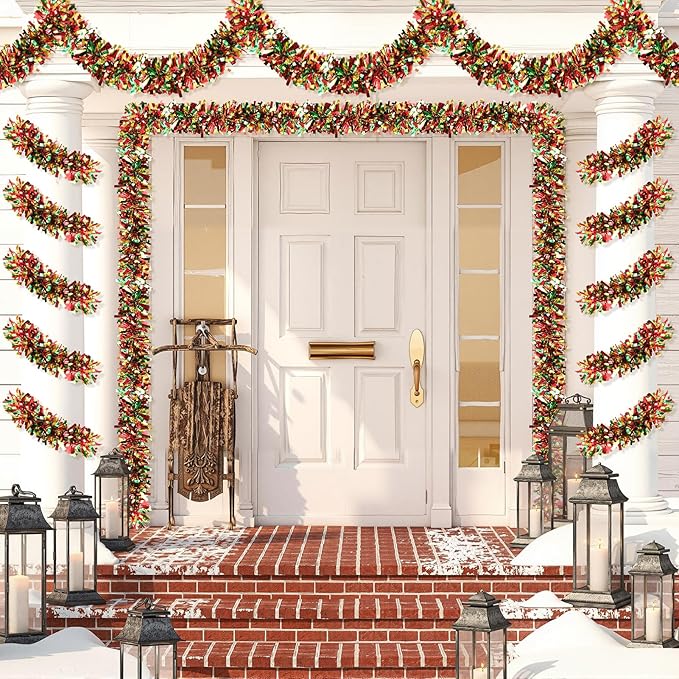 50FT Christmas Tinsel Garland, Red Green&Gold Metallic Twist Shiny Hanging Garland Ornaments for Christmas Tree, Party Supplies Thick Metallic Xmas Streamers