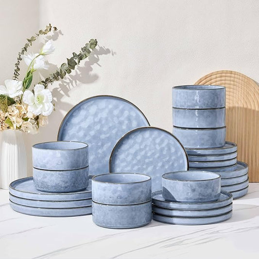 Herogo 24 Pieces Dinner Plates and Bowls Sets for 8, Stoneware Dinnerware Sets for Kitchen Dining, Reactive Glaze, Dishwasher & Microwave Safe, Haze Blue