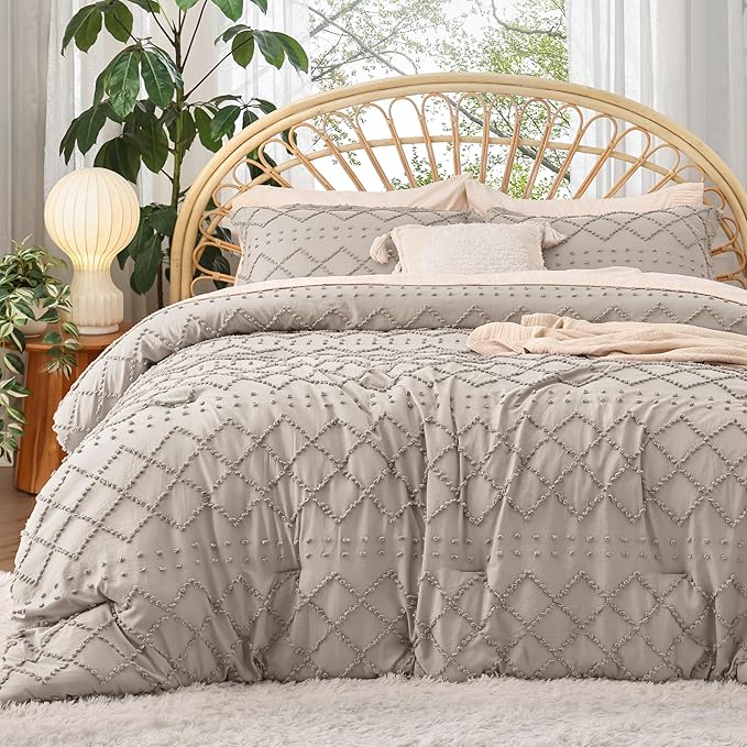 Bedsure Twin Comforter Set - Linen Comforter, Boho Tufted Shabby Chic Bedding for Kids, 2 Pieces Vintage Farmhouse Bed Set for All Seasons, Fluffy Soft Bedding with 1 Pillow Sham