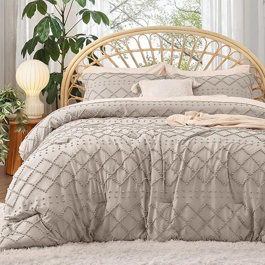 Bedsure Twin Comforter Set - Linen Comforter, Boho Tufted Shabby Chic Bedding for Kids, 2 Pieces Vintage Farmhouse Bed Set for All Seasons, Fluffy Soft Bedding with 1 Pillow Sham