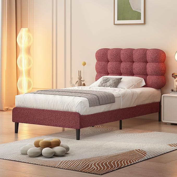 BarnFurin Twin Bed Frame with Upholstered Headboard, Teddy Soft Boucle Fabric, Platform Bed with Strong Wooden Slats Support, Two Bed Forms Design, No Boxing Spring Needed, Easy Assembly, Rose