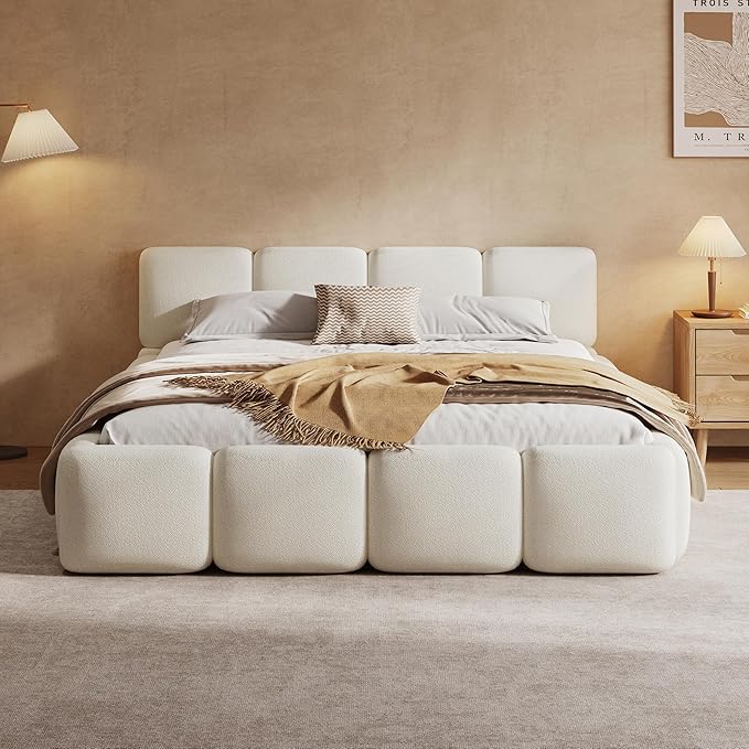 Christopher Knight Home Hazel Queen Size Platform Bed, Boucle Thick Headboard and Footboard, Upholstery Grounded Beds, Block Style, Wood Slat Panel Support, No Spring Box Needed, Easy Assembly, White