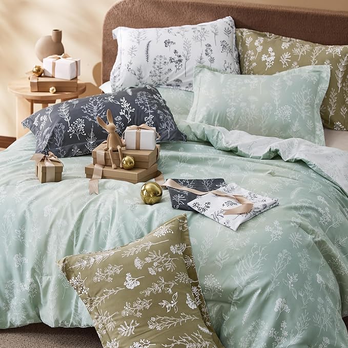 Bedsure Full Comforter Set - Sage Green Bed Set, 3 Pieces Cute Floral Bedding, 1 Soft Reversible Botanical Flowers Comforter and 2 Pillow Shams