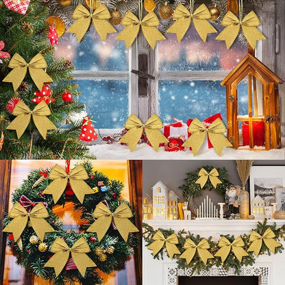 Cindeer 24 Pcs Gold Christmas Bow Decorations 6 x 6 Inches, Glitter Holiday Ornaments Sequin Ties Bows for Xmas Tree, Wreath, DIY Crafts, Gift Wrapping, Party Decor