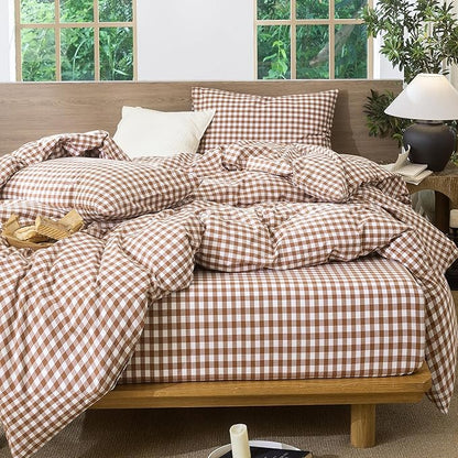 MooMee Gingham Duvet Cover Set 100% Washed Cotton Linen Like Textured Breathable Durable Soft Comfy Modern Checkered Design (Dark Orange Gingham, Queen 90"x90")