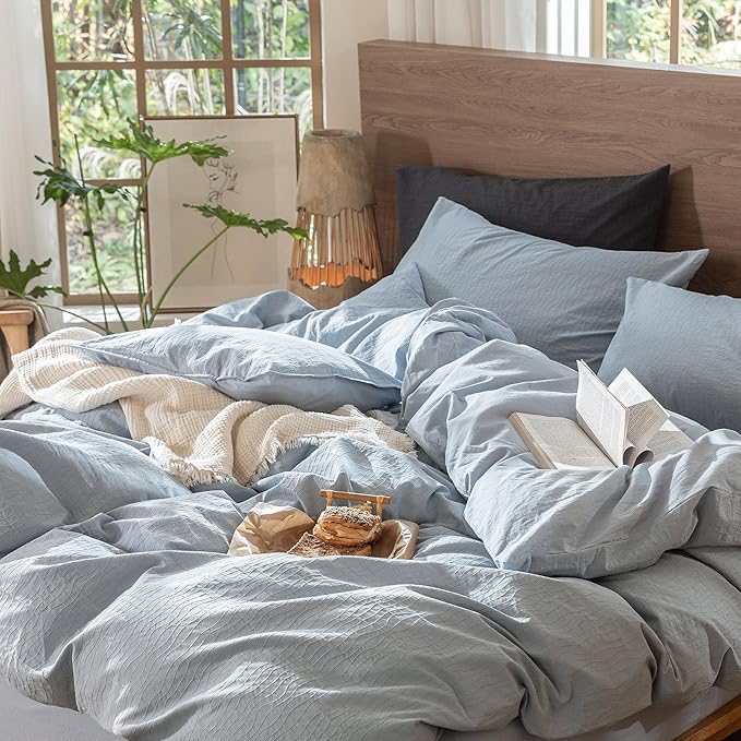 MooMee Wavy Striped Duvet Cover Set 100% Washed Cotton Linen Like Textured Breathable Durable Soft Comfy (Cornflower Blue, Oversized Queen 98"x98")