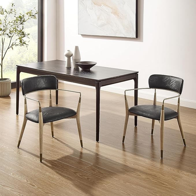 Art Leon Dining Chairs Set of 4 - Mid Century Modern Dining Room Chairs, Faux Leather Upholstered with Open Backrest, Wishbone Chair with Wood Legs, Black, CC084