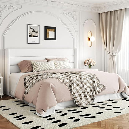 Allewie King Size Velvet Lift Up Storage Bed, Modern Wingback Headboard, Hydraulic Support, No Box Spring Needed, White