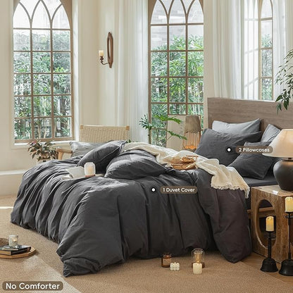 MooMee Wavy Striped Duvet Cover Set 100% Washed Cotton Linen Like Textured Breathable Durable Soft Comfy (Charocal Grey, Super King 108"x98")