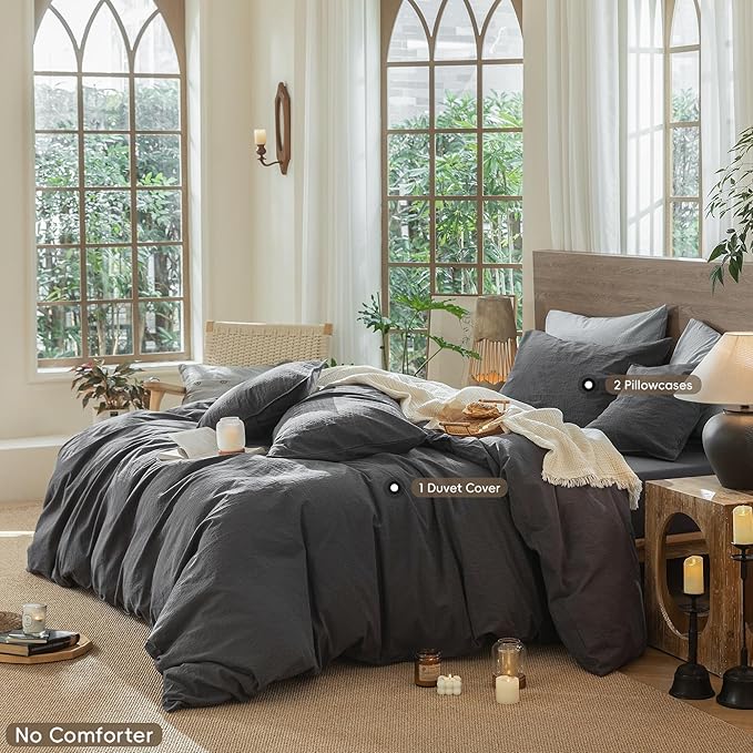 MooMee Wavy Striped Duvet Cover Set 100% Washed Cotton Linen Like Textured Breathable Durable Soft Comfy (Charocal Grey, Full 80"x90")