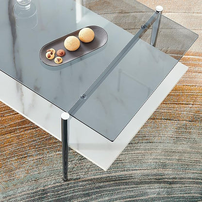 AGV LIGHTING Tadio Glass Coffee Table, Mid-Century Modern Coffee Table for Living Room, Chrome Finish Leg, Gray Glass Top & Faux Marble Wood Shelf, 41 in