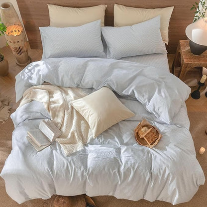 MooMee Striped Duvet Cover Set 100% Washed Cotton Linen Like Textured Breathable Durable Soft Comfy (Cornflower Blue White Pinstripes, Super King 108"x98")