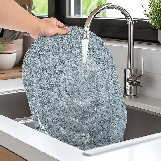 Placemats Set of 12 Washable, Heat Resistant Table Placemats Wipeable Faux Leather Oval Place Mats Non Slip, Waterproof Oval Table Mats for Indoor Outdoor, Light Blue