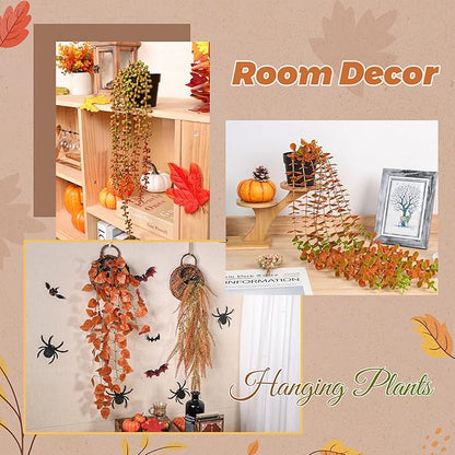 Der Rose 4Pcs Fake Fall Plants Hanging Orange Artificial Eucalyptus Plants, Boston Fern, Fake Potho, String of Pearls for Halloween Bathroom Table Centerpiece Wall Mantle Decor Indoor and Outdoor