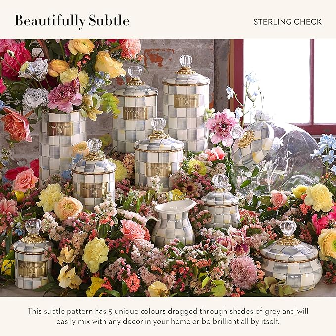 MACKENZIE-CHILDS Enamel Utensil Holder, Kitchen Utensil Holder for Countertop, Storage Caddy, Gray-and-White Sterling Check