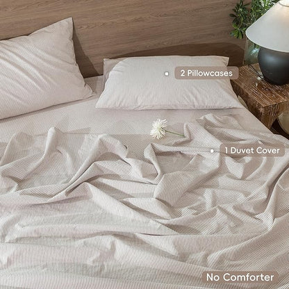 MooMee Striped Duvet Cover Set 100% Washed Cotton Linen Like Textured Breathable Durable Soft Comfy (Orange Pinstripes, Oversized Queen 98"x98")