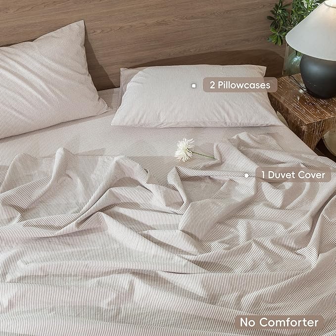 MooMee Striped Duvet Cover Set 100% Washed Cotton Linen Like Textured Breathable Durable Soft Comfy (Orange Pinstripes, Super King 108"x98")