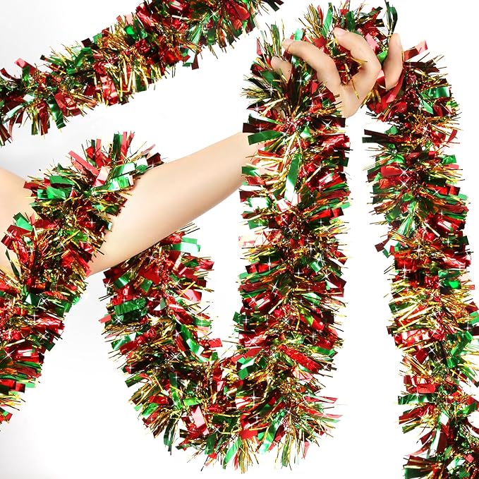 LEASEN 50 FT Christmas Tinsel Garland Metallic Tinsel Twist Garland Glitter Christmas Tree Decorations in Red, Green and Gold