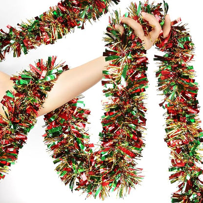 LEASEN 50 FT Christmas Tinsel Garland Metallic Tinsel Twist Garland Glitter Christmas Tree Decorations in Red, Green and Gold