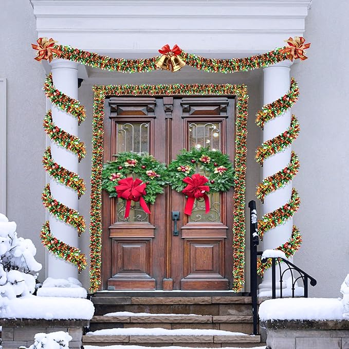 50 FT Christmas Tinsel Garland for Christmas Tree Decorations, Red Green Gold Metallic Twist Shiny Hanging Xmas Garlands for Stairs Mantle Fireplace Home Indoor Outdoor Holiday Party Suppliers Decor