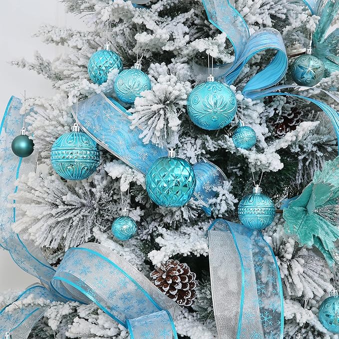 Christmas Ball Ornaments Baby Blue Christmas Tree Decorations with Hang Rope-36pcs Shatterproof Christmas Ornaments Set with 6 Styles in 3 Sizes(Small Medium Large)