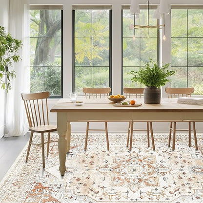 Washable Rugs 8x10 Area Rugs for Living Room,Rugs for Bedroom,Large Carpets,Ultra Soft Faux Wool Retro Dining Room Rug,Non Slip&Non-Shedding Low Pile Vintage Print Rug for Home Office,Orange