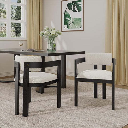 Christopher Knight Home Falcon Boucle Fabric Upholstered Dining Chairs Set of 2, Modern Wooden Dining Curved Backrest Kitchen Side Chair,Living Room Extra Seat,Black+Milky White