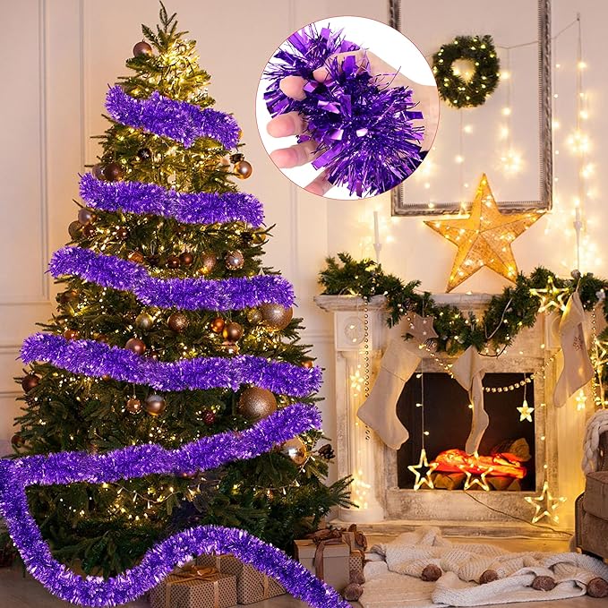 50 Purple Green Christmas Tinsel Garland for Christmas Tree Decorations, Xmas Metallic Twist Shiny Hanging Garland Decor for Mantle Stairs Fireplace Home Holiday Indoor Outdoor