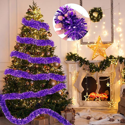 50 Purple Green Christmas Tinsel Garland for Christmas Tree Decorations, Xmas Metallic Twist Shiny Hanging Garland Decor for Mantle Stairs Fireplace Home Holiday Indoor Outdoor