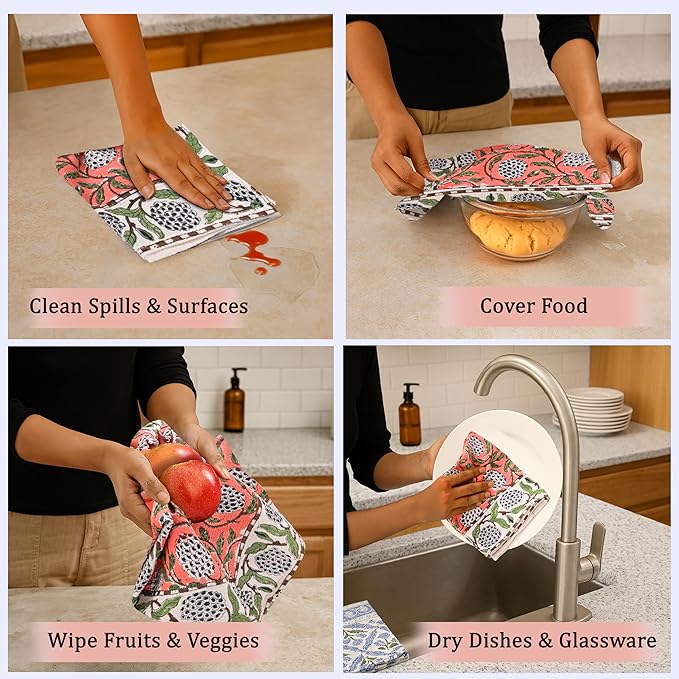 Ridhi Dark Salmon Pink Hand Block Print Waffle Kitchen Towel Set of 3-16 x28 Ultra Absorbent Quick Dry 100% Cotton Dish Towels Lightweight Reusable Sustainable Tea Towels for Cleaning and Drying